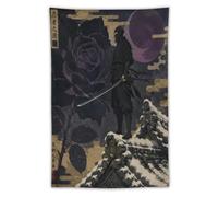 H3B8U2Y5 Samurai with Moon and Red Rose Wall Tapestry, Japanese Warriors