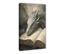 H3B8U2Y5 Silver Dragon Resting on Open Book Canvas Wall Art, Gallery Wall