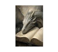 H3B8U2Y5 Silver Dragon Resting on Open Book Canvas Wall Art, Moonlit Stage