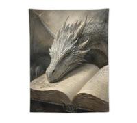 H3B8U2Y5 Silver Dragon Resting on Open Book Wall Tapestry, Ancient Tome