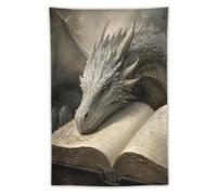 H3B8U2Y5 Silver Dragon Resting on Open Book Wall Tapestry, Surrealist
