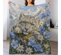 H3B8U2Y5 Snow Leopard in Blue Flowers Throw Blanket Warm Fleece Couch Throw