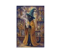 H3B8U2Y5 Wizard Black Cat Canvas Wall Art 08x12in Creative Room Accent | Potion Laboratory, Canvas Print Studio, Magical Scene, Office, Fantasy Illustration Style, Interior Feature, 08x12in