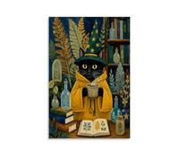 H3B8U2Y5 Wizard Black Cat Canvas Wall Art 20x30in Bedroom Decor | Herbal Potion Study, Canvas Print Bedroom, Magical Scene, Entryway, Fantasy Illustration Style, Creative Focus, 20x30in