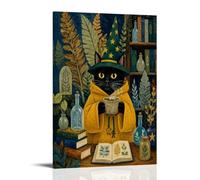 H3B8U2Y5 Wizard Black Cat Canvas Wall Art 24x36in Bedroom Decor | Herbal Potion Study, Canvas Print Bedroom, Magical Scene, Entryway, Fantasy Illustration Style, Creative Focus, 24x36in