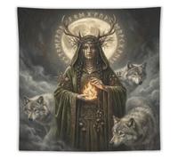 H3B8U2Y5 Wolf Goddess Green Robe Wall Tapestry, Celestial Animal