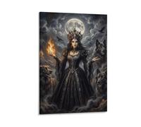 H3B8U2Y5 Wolf Goddess Sacred Fire Canvas Wall Art, Forest Wildlife Painting | Rustic Nature Decor, Atmospheric Landscape Artwork, Moonlit Creature Print, Canvas Print, 16x24inch(40x60cm).