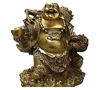 H3TF5J 8" Chinese Buddhism Brass Wealth Dragon Happy Laughing Maitreya Buddha Statue