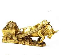 H3TF5J China Collection fine Workmanship the brass Cattle pull Gold COINS Wealth Statue