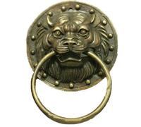 H3TF5J Folk Chinese Brass Copper Collect Lion Head Mask Statue Gate Door Knocker Pair