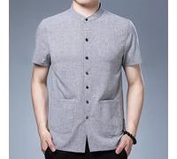 H3TF5J Funky Hawaiian Shirt, Vintage Oriental Style Light Grey Stand Collar Cotton Linen Men'S Short Sleeve Beach Shirt Button Down Summer Casual Business Shirts Quick Dry Holiday Party Aloha Shirt