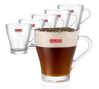 HAADI Coffee Cups Set of 6, 260ml Glass Coffee Mugs with Handle, Thick Base and Rolled Rim, Dishwasher Safe for Espresso Cappuccino Latte