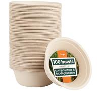 HAAGO 100 Biodegradable Sugarcane Bagasse Bowls, 500ml - Natural Colour Strong Paper Bowls - Leak-Resistant, Compostable & Disposable Eco Party Bowl for Soup & Dessert, Hot & Cold Food
