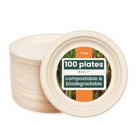 HAAGO 100 Compostable Sugarcane Dessert Plates, 18 cm / 7" Small Plate - Strong, Grease- & Leak-Proof Paper Plates - Biodegradable Disposable for Desserts, Starters & Snacks