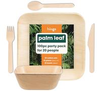 HAAGO 100-Piece Palm Leaf Disposable Plates, Bowls & Cutlery Set - 20 22cm Square Plate, 20 450ml Square Bowl & 60 Piece Birchwood Cutlery Set - Eco-Friendly Like Bamboo Plates for Hot & Cold Food