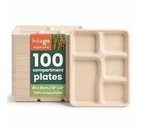 HAAGO 100 Strong Biodegradable Compartment Plates 26x21cm - 5 Section Sugarcane Bagasse Trays - Heavy Duty, Grease- & Leak-Proof - Compostable Paper Plates for Hot & Cold Food, Party & Catering
