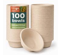 HAAGO 100 Strong Biodegradable Sugarcane Bagasse Bowls, 500ml / 17oz - Heavy Duty Paper Bowls - Leak- & Grease-Resistant - Compostable Disposable for Soup, Curry, Cereal, Dessert, Parties & Catering