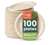 HAAGO 100 Strong Compostable Sugarcane Dessert Plates, 18 cm / 7 Inch Small Plate - Heavy Duty, Grease- & Leak-Proof Paper Plates - Biodegradable Disposable for Desserts, Starters & Snacks