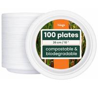 HAAGO 100 Strong Compostable Sugarcane Plates, 26 cm / 10 Inch Dinner Plate - Heavy Duty, Grease- & Leak-Proof Paper Plates - Biodegradable, Disposable for Hot & Cold Food, Parties, BBQ, Catering