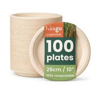 HAAGO 100 Strong Compostable Sugarcane Plates, 26 cm / 10 Inch Dinner Plate - Heavy Duty, Grease- & Leak-Proof Paper Plates - Biodegradable & Disposable for Hot & Cold Food, Parties, BBQ, Catering
