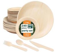 HAAGO 20 25cm Eco-Friendly Round Palm Leaf Plates, 20 15cm Eco-Friendly Palm Leaf Plates & 200 Piece Wooden Cutlery Set - 240 Piece Sets