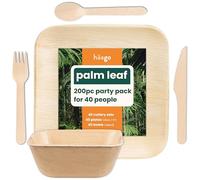 HAAGO 200-Piece Palm Leaf Disposable Plates, Bowls & Cutlery Set - 40 22cm Square Plate, 40 450ml Square Bowl & 120 Piece Birchwood Cutlery Set - Eco-Friendly Like Bamboo Plates for Hot & Cold Food