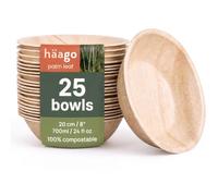 HAAGO 25 Large Disposable Serving Bowls, 700 ml Palm Leaf Bowls - 20 cm Compostable Party Bowls for Hot & Cold Food, Buffet, Crisps & Pasta - Microwave, Oven & Freezer Safe, Natural Bamboo-Look