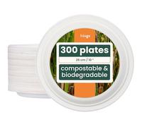 HAAGO 300 Strong Compostable Sugarcane Plates, 26 cm / 10" Dinner Plate - Heavy Duty, Grease- & Leak-Proof Paper Plates - Biodegradable, Disposable for Hot & Cold Food, Parties, BBQ, Catering
