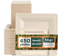 HAAGO 450 Eco Disposable Sugarcane Plates, Square 225 × 26cm Dinner & 225 × 15cm Dessert Plates - Natural Colour - Strong & Heavy Duty Paper Plates, Biodegradable & Compostable for Hot & Cold Food