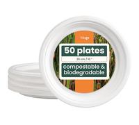 HAAGO 50 Strong Compostable Sugarcane Plates, 26 cm / 10" Dinner Plate - Heavy Duty, Grease- & Leak-Proof Paper Plates - Biodegradable, Disposable for Hot & Cold Food, Parties, BBQ, Catering