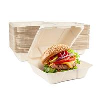 HAAGO 90 Compostable Burger Boxes, 20cm Clamshell Takeaway Boxes - Biodegradable Bagasse Burger Containers - Strong, Eco-Friendly Disposable Food Box for Street Food, BBQs & Festivals