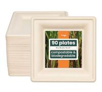 HAAGO 90 Compostable Sugarcane Dessert Plates, 15 cm / 6" Square - Strong, Grease- & Leak-Proof Paper Plate - Biodegradable Disposable Side Plates for Hot & Cold Food, Parties, BBQ, Picnics, Catering