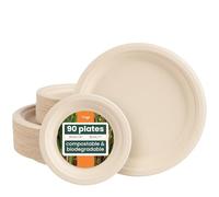 HAAGO 90 Compostable Sugarcane Plates, 25 cm Dinner & 18 cm Side Plate - Strong, Grease- & Leak-Proof Paper Plates - Eco-Friendly, Biodegradable Disposable for Hot & Cold Food, Parties