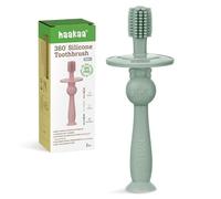haakaa 360° Baby Toothbrush with Suction Base - Gentle Cleaning for Infant Self-Brushing Training, Food-Grade Silicone, Adjustable Safety Shield - Pea Green (1 Piece)