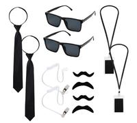 Haakong Halloween Agent Costume Secret Security Service Costume Include Sunglasses Zipper Tie ID Fake Earpiece Moustache for Halloween Cosplay Party Dress Up(2 Set Classic Agent Costume)