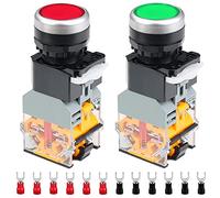 HAAMNING7 2 Pcs 220V 22mm Momentary Push Button Switch 10A 2 Color (Red/Green) LA38-11DN 1NO 1NC LED Indicator Light Switch for DIY with 12 Pcs Fork Terminal