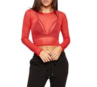 HAAS TRADING® Womens Ladies Crop Mesh Top Full Sleeves Girls See Through Sheer Net Crop Top (Red, S/M(UK 8-10))