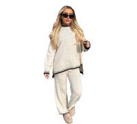 HAAS TRADING® Womens Oversized Co-Ord Knitted 2 Pcs Set - Ladies Winter Sweater Long Sleeve Jumper Wide Leg Trousers Knitwear Tracksuits Loungewear Outfits Size UK 8-16 Beige