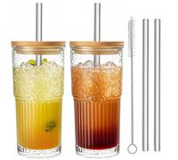 Haayymo 2 Pack Glass Cups with Lids and Straws 650ml, Ribbed Glass Tumblers with Bamboo Lids, Iced Coffee Cup Mason Jar Drinking Glasses for Smoothie, Juice, Cold Drinks & Matcha
