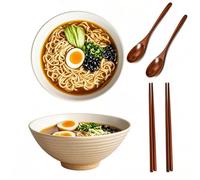 Haayymo 2 Ramen Bowl Set, Ceramic Noodle Bowl with Chopsticks & Spoons 1200ml Large Soup Bowls Japanese Style Retro Porcelain Microwave Tableware Ramen Gift Set for Salad, Pasta (Cat's Eye Blue)