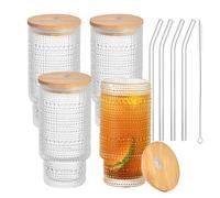 Haayymo 4pcs 16oz Water Drinking Glasses, Ribbed Iced Coffee Cup, Origami Style Glass Tumbler for Beer/Cocktail/Milk/Ice Water/Juice/Coffee (Round Dot with Lid)