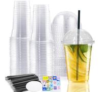 Haayymo 50 Pack 13oz (400ml) Strong Smoothie Cups with Dome Lids, Milkshake Reusable Plastic Cups for Iced Tea, Coffee, Cold Drinks(Clear)