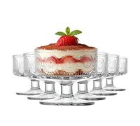 Haayymo 6 Pcs Glass Dessert Bowls Set, 180ml Footed Ice Cream Sundae Glasses, Vintage Embossed Prawn Cocktail Glasses for Appetisers, Fruit Salad, Trifle, Pudding