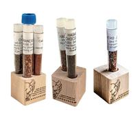 Habanero Jaguar, Chocolate, Carolina Reaper and Arbol chili in 3 wooden cubes 6gx2g+2g+2gx.