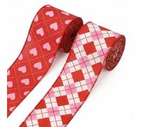 Habbiful 2.5"×10 Yards Valentines Day Wired Ribbon for Crafts Wrapping Wreath Bows White Red Love Heart Plaid Ribbons Valentine's Day Ribbon for Valentines Wedding Anniversary Party Decoration