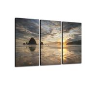HABEN ARTWORK Cannon Beach Reflections Oregon's Haystack Rock Canvas Wall Artwork Modern Photography Home Decor Unique Stretched and Framed 3 Piece