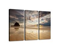 HABEN ARTWORK Cannon Beach Reflections Oregon's Iconic Haystack Rock at Cannon Beach Print On Canvas Wall Artwork Modern Photography Home Decor Unique Pattern Stretched and Framed 3 Piece