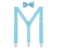 habibee Suspender and Bow Tie Set for Men Adjustable Braces with Y Back, Diverse Colors, Strong Clips, Light Blue, 2.5cm Width