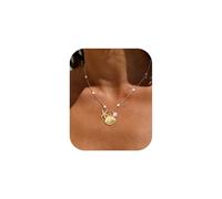 HABIKIP Shell Starfish Charm for Women, Dainty Layered Seashell Conch Starfish Pearl Pendant Necklace for Women Stack Trendy Beach Cuban Link CZ Chain Necklace Summer Vacation Jewelry, Brass with 14K