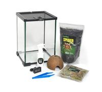 Habistat - Invertebrate Starter Kit - Includes Glass Terrarium, Digital Compact Thermometer, Coconut Cave, Spider Bedding, Sphagnum Moss, Plastic Tongs & Spray Bottle - Easy Set Up, Black